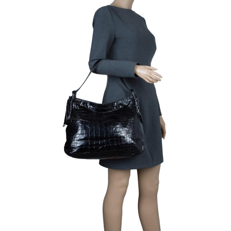 Pre Owned Furla Black Croc Embossed Leather Zarina Hobo