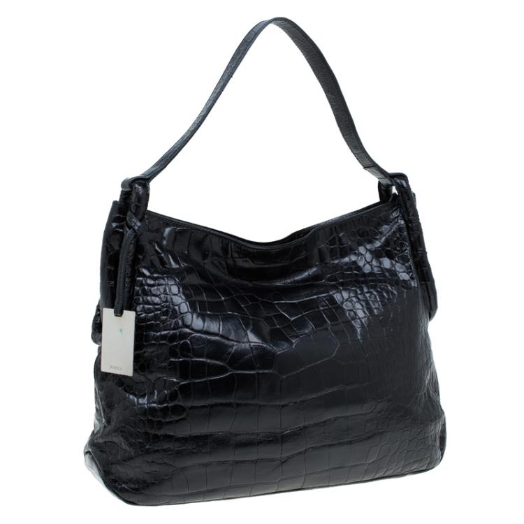 Pre Owned Furla Black Croc Embossed Leather Zarina Hobo