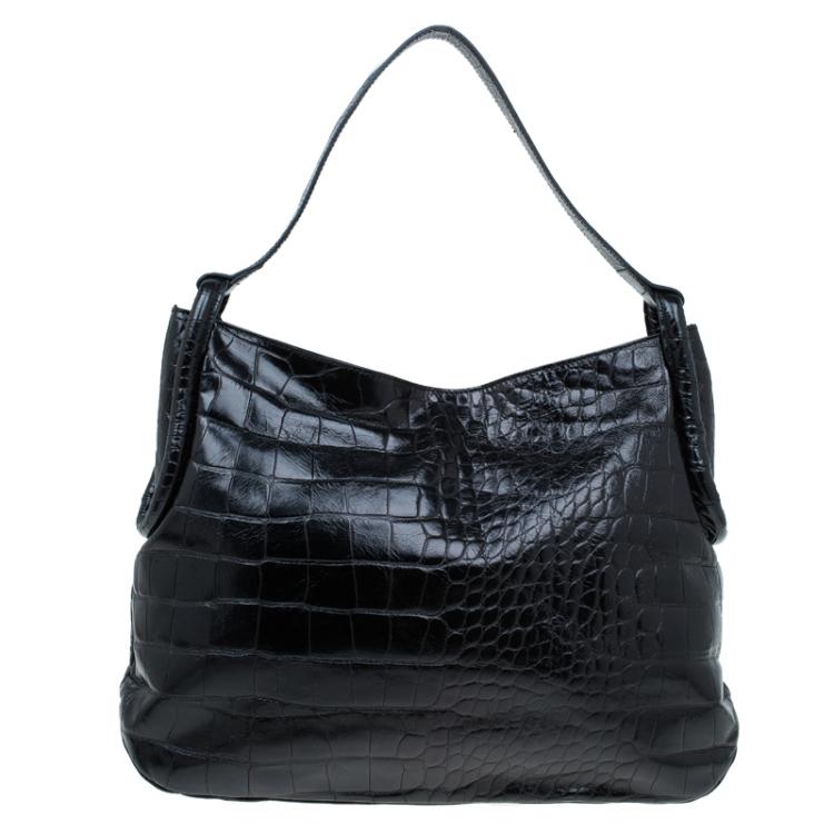 Pre Owned Furla Black Croc Embossed Leather Zarina Hobo