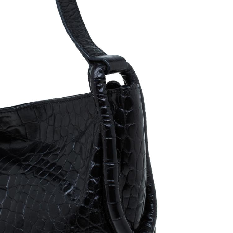 Pre Owned Furla Black Croc Embossed Leather Zarina Hobo