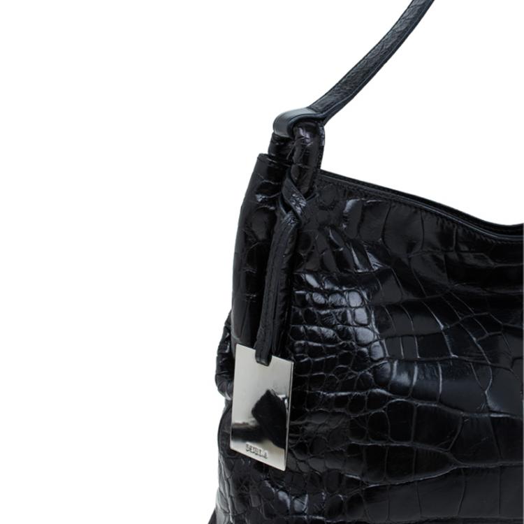 Pre Owned Furla Black Croc Embossed Leather Zarina Hobo