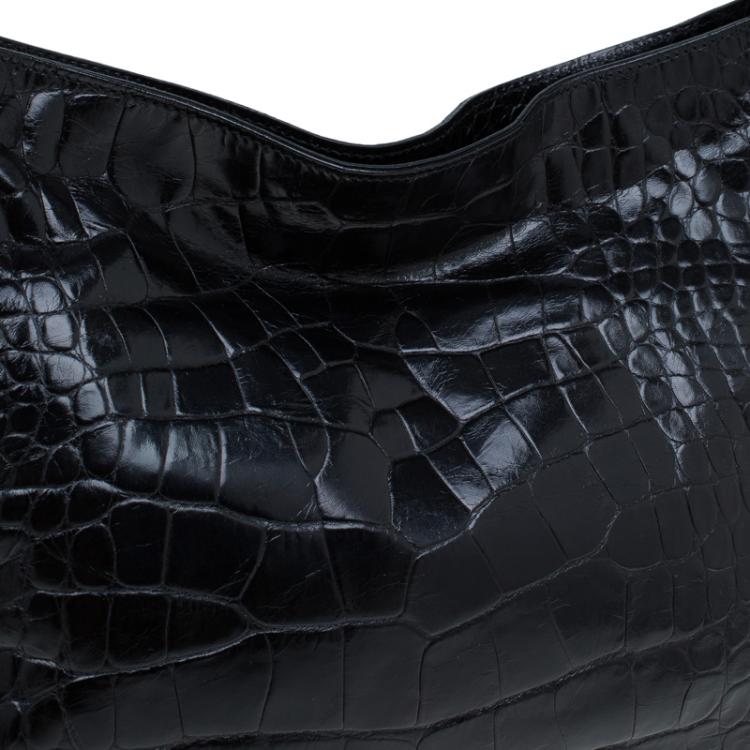 Pre Owned Furla Black Croc Embossed Leather Zarina Hobo