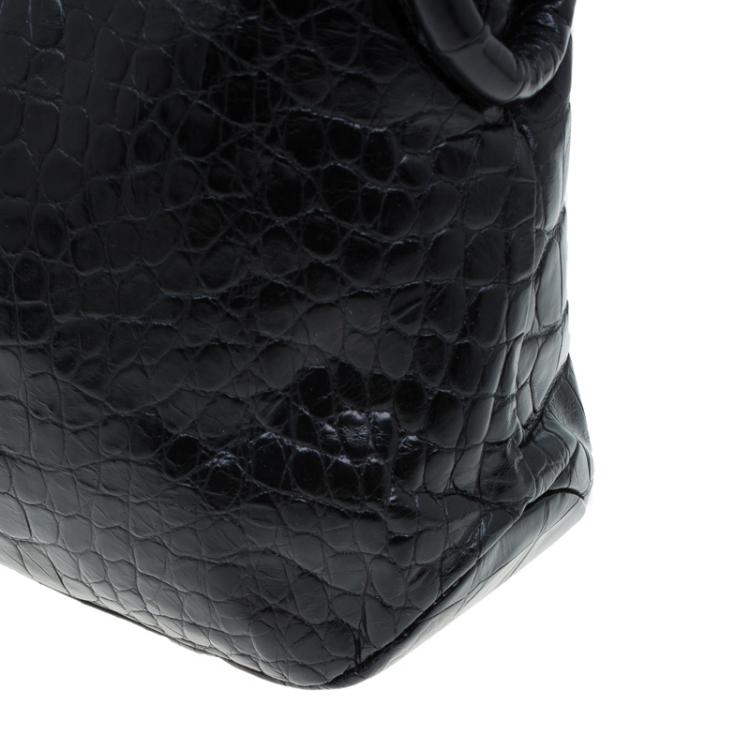 Pre Owned Furla Black Croc Embossed Leather Zarina Hobo