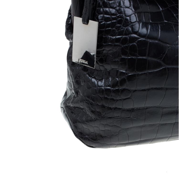 Pre Owned Furla Black Croc Embossed Leather Zarina Hobo