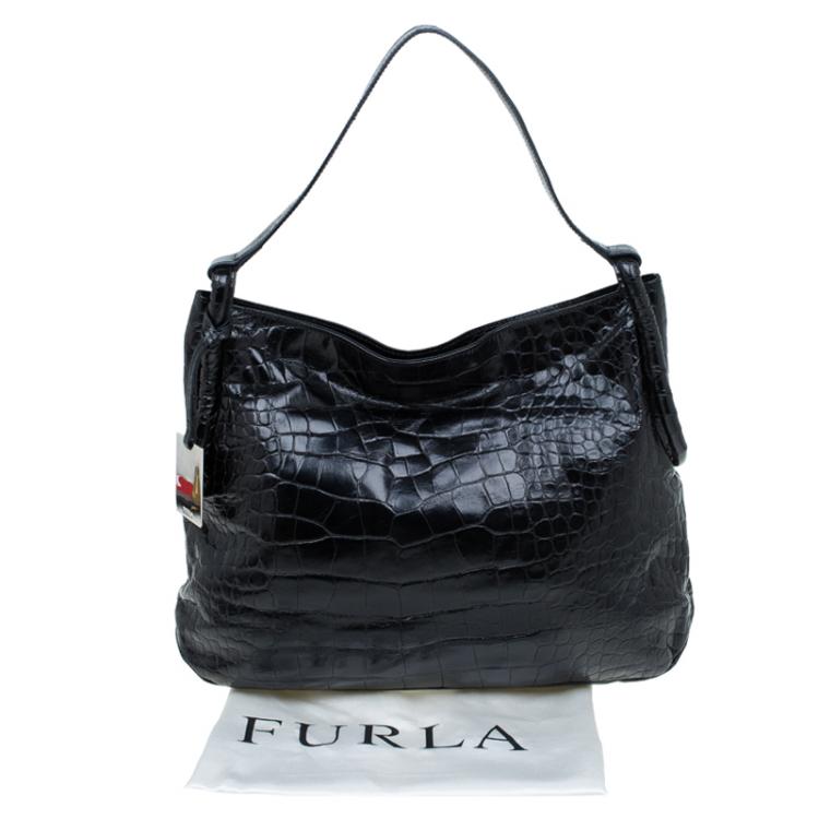 Pre Owned Furla Black Croc Embossed Leather Zarina Hobo