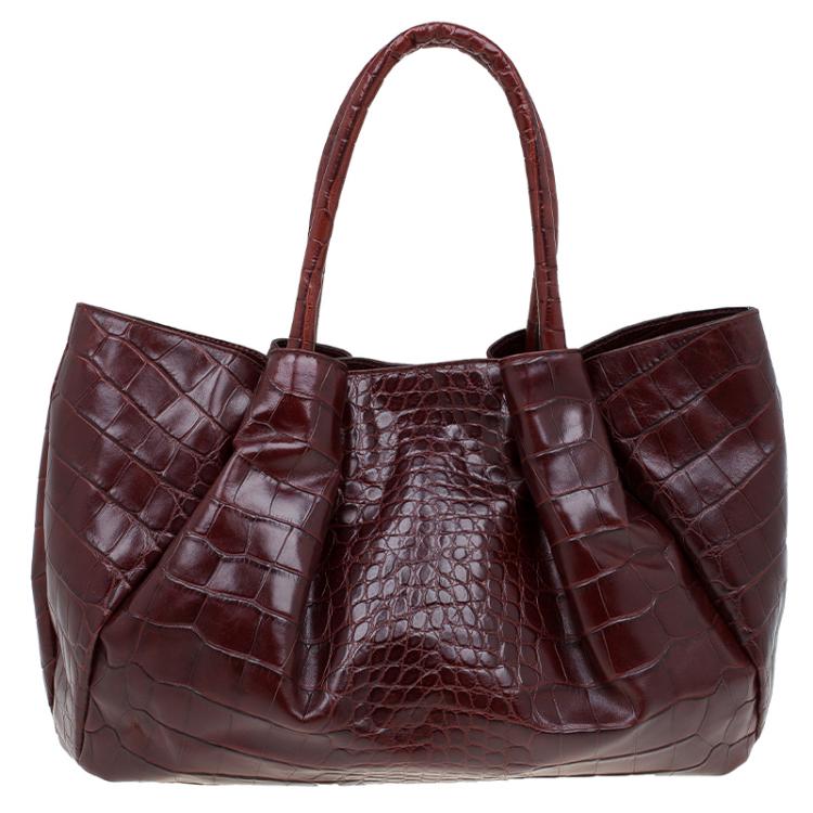 Pre Owned Furla Brown Croc Embossed Leather Pompidou Tote