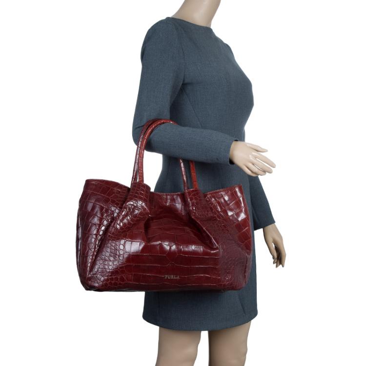 Pre Owned Furla Brown Croc Embossed Leather Pompidou Tote