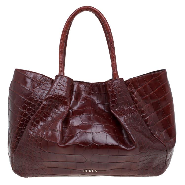 Pre Owned Furla Brown Croc Embossed Leather Pompidou Tote