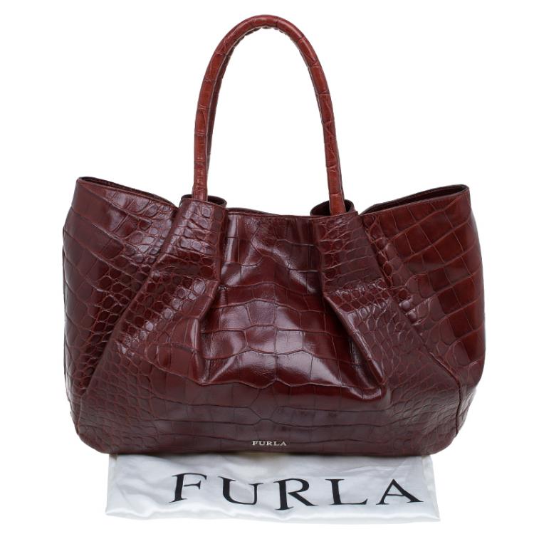 Pre Owned Furla Brown Croc Embossed Leather Pompidou Tote