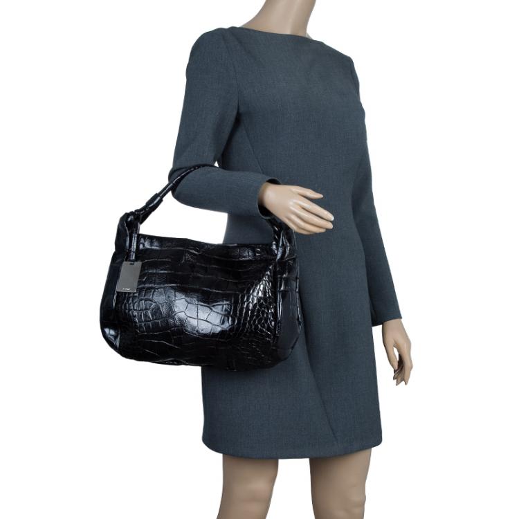 Pre Owned Furla Black Croc Embossed Leather Zarina Hobo