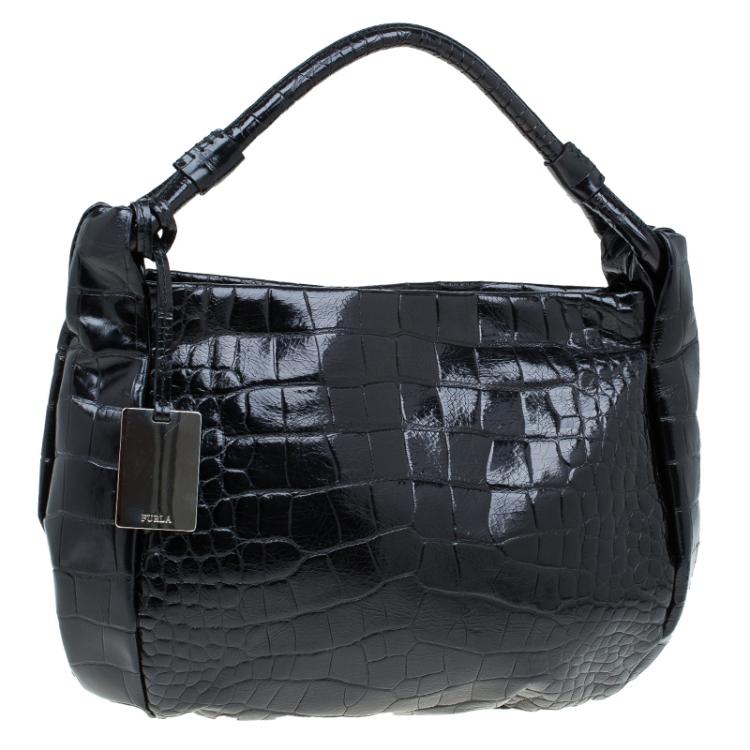 Pre Owned Furla Black Croc Embossed Leather Zarina Hobo