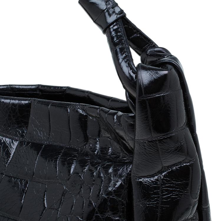 Pre Owned Furla Black Croc Embossed Leather Zarina Hobo
