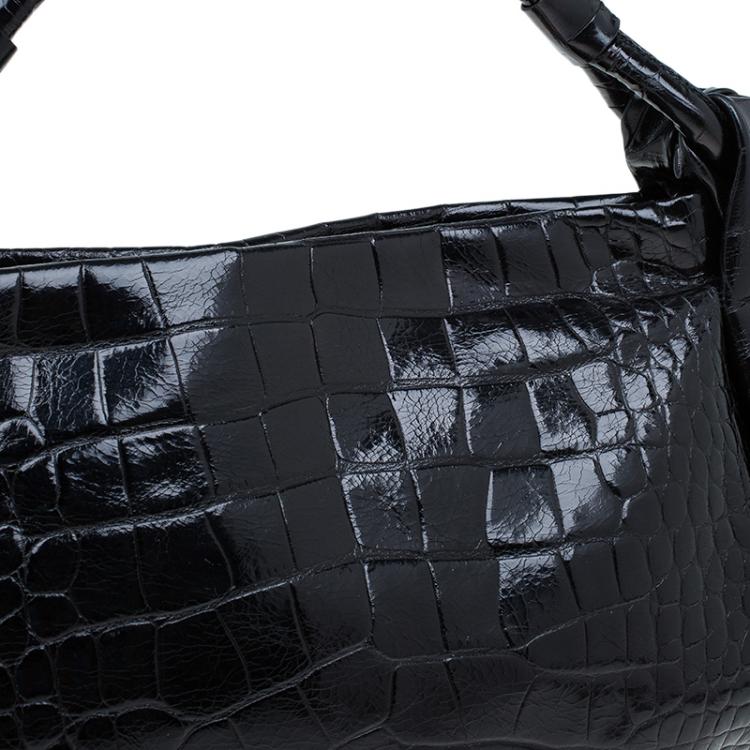 Pre Owned Furla Black Croc Embossed Leather Zarina Hobo