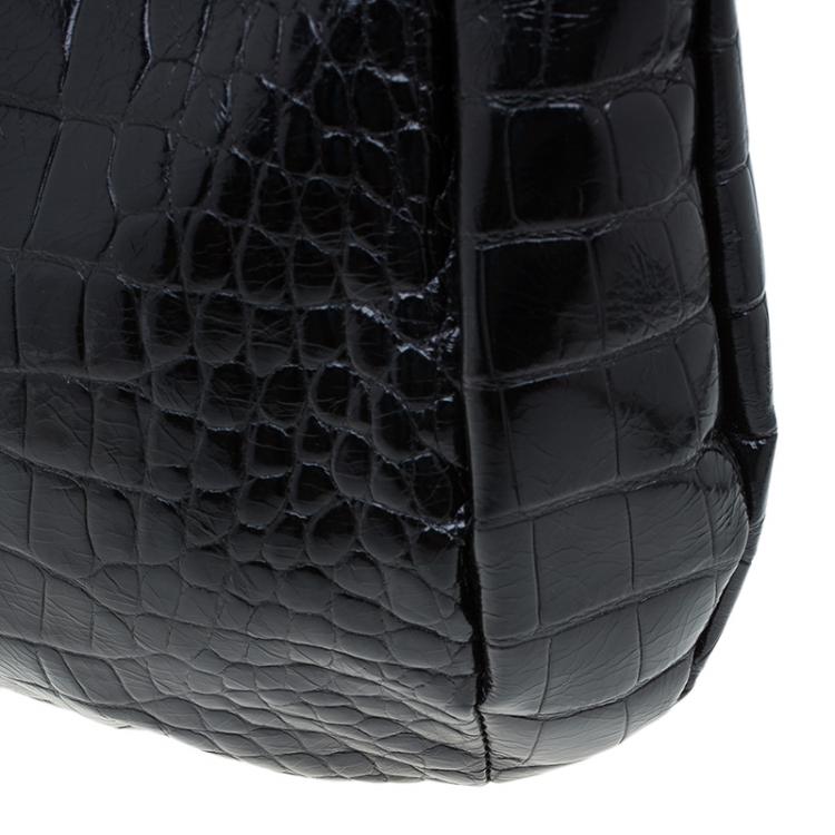 Pre Owned Furla Black Croc Embossed Leather Zarina Hobo