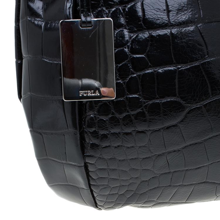 Pre Owned Furla Black Croc Embossed Leather Zarina Hobo