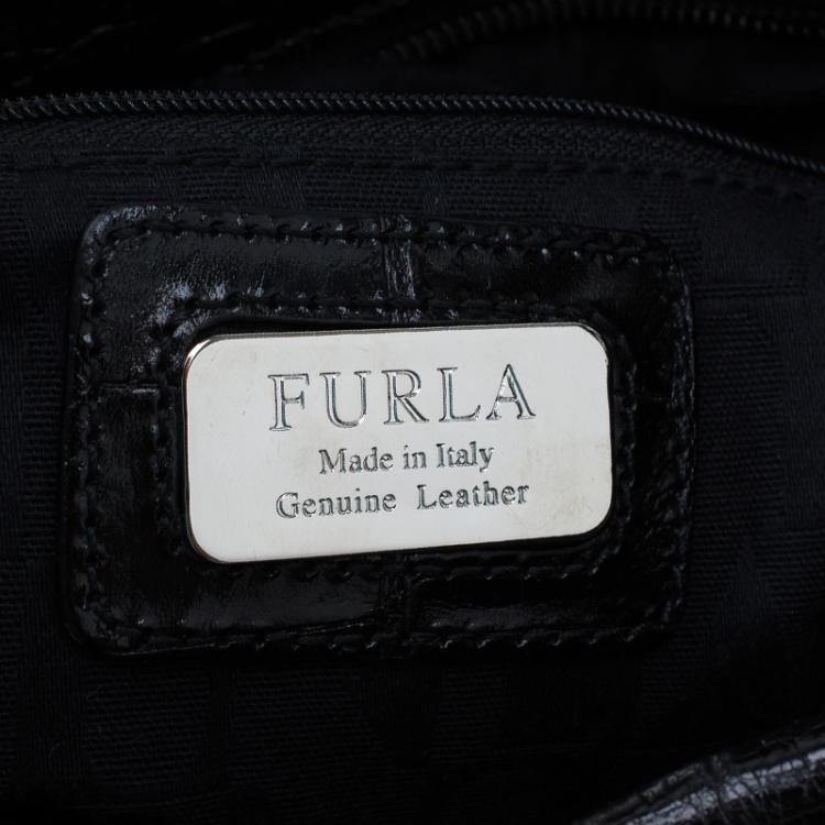 Pre Owned Furla Black Croc Embossed Leather Zarina Hobo
