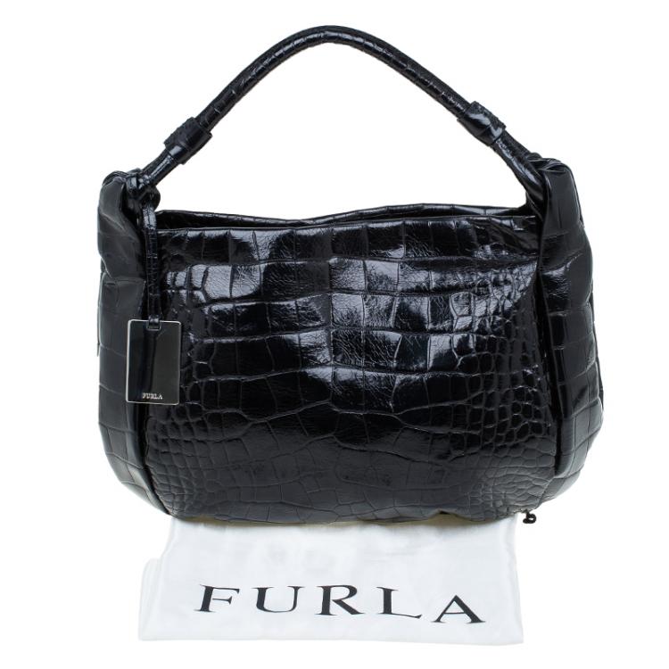 Pre Owned Furla Black Croc Embossed Leather Zarina Hobo