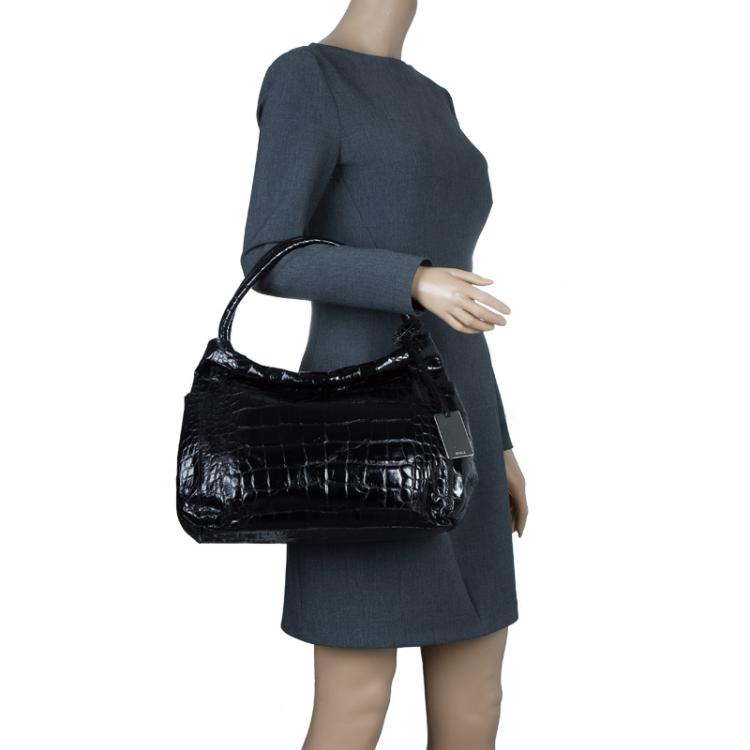 Pre Owned Furla Black Croc Embossed Leather Hobo