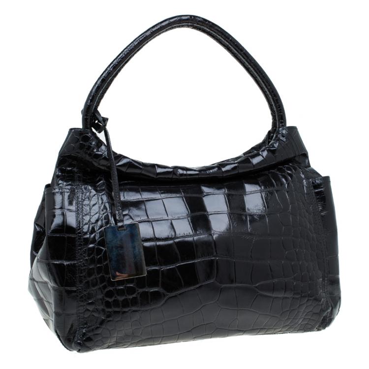 Pre Owned Furla Black Croc Embossed Leather Hobo