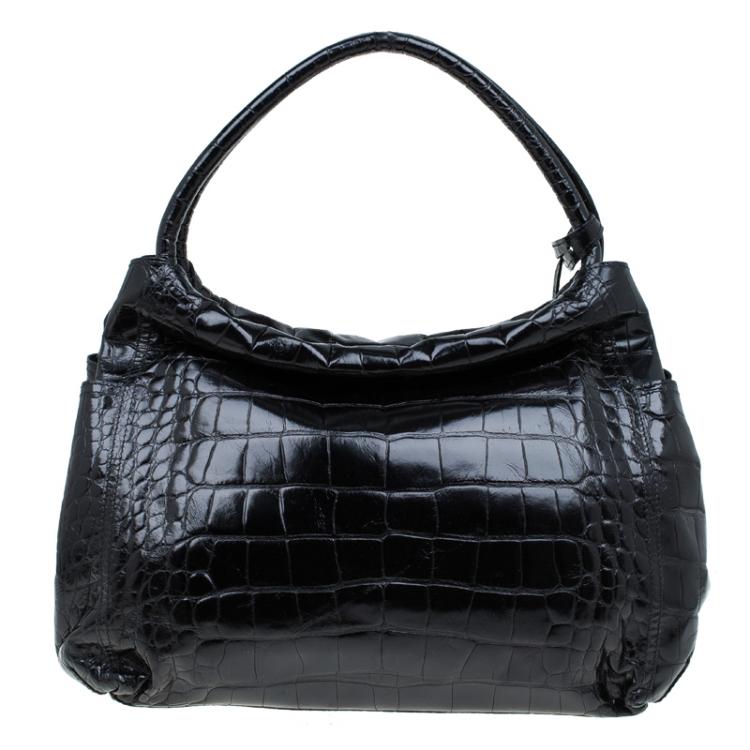 Pre Owned Furla Black Croc Embossed Leather Hobo