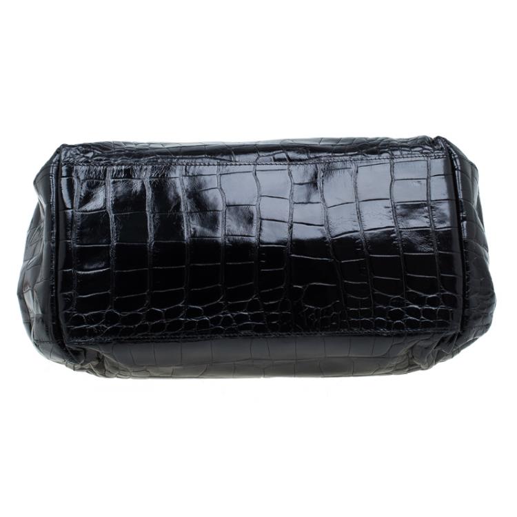 Pre Owned Furla Black Croc Embossed Leather Hobo