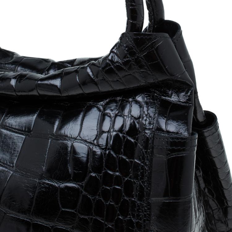 Pre Owned Furla Black Croc Embossed Leather Hobo