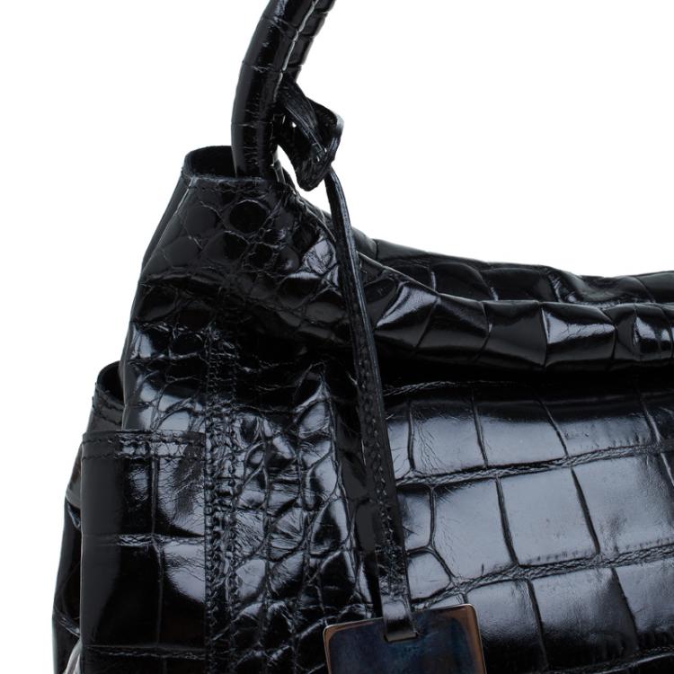 Pre Owned Furla Black Croc Embossed Leather Hobo