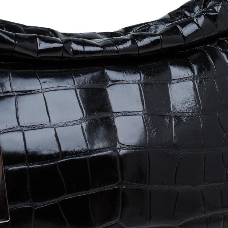 Pre Owned Furla Black Croc Embossed Leather Hobo
