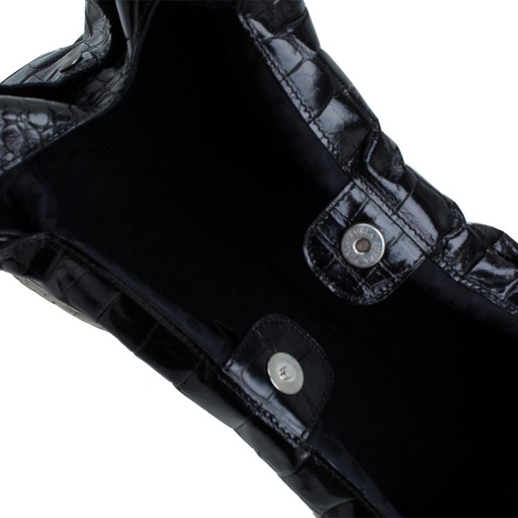 Pre Owned Furla Black Croc Embossed Leather Hobo