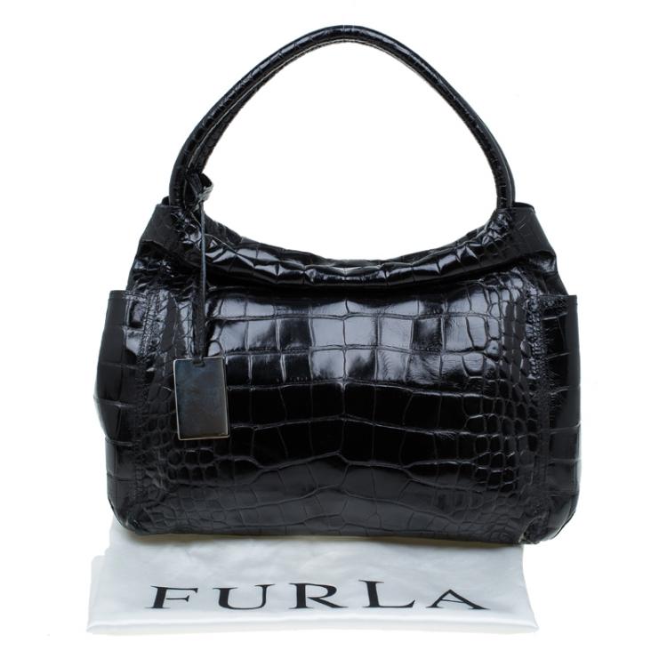 Pre Owned Furla Black Croc Embossed Leather Hobo