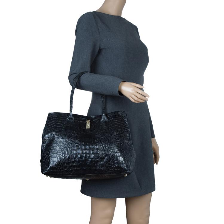 Pre Owned Furla Black Croc Embossed Leather Onyx Tote