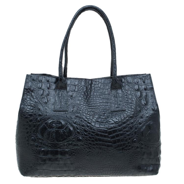 Pre Owned Furla Black Croc Embossed Leather Onyx Tote