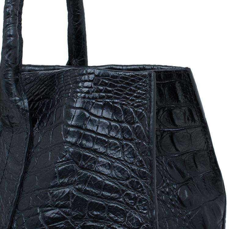 Pre Owned Furla Black Croc Embossed Leather Onyx Tote
