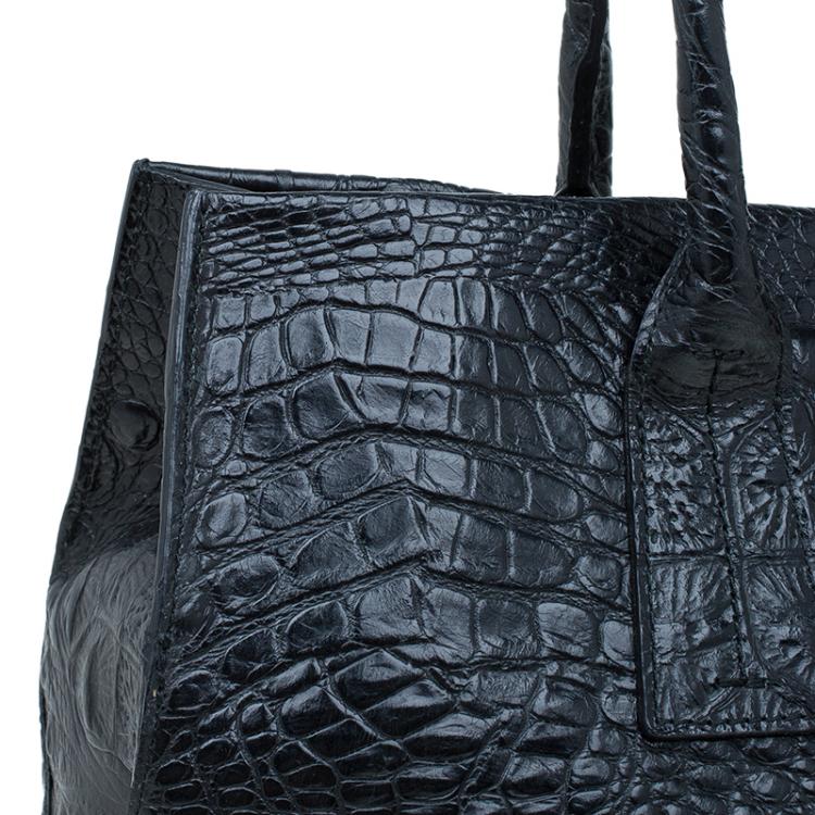 Pre Owned Furla Black Croc Embossed Leather Onyx Tote