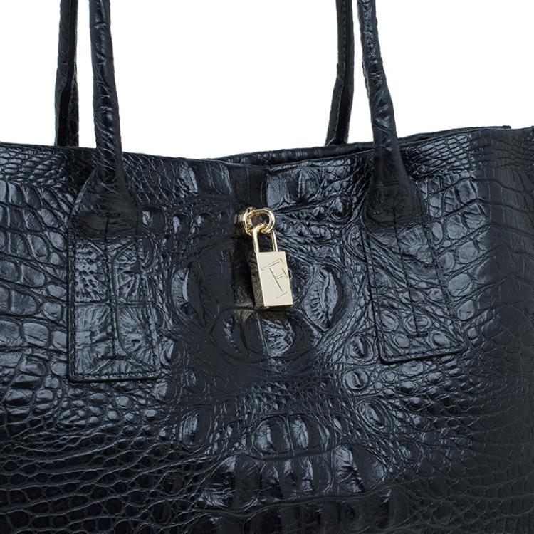 Pre Owned Furla Black Croc Embossed Leather Onyx Tote