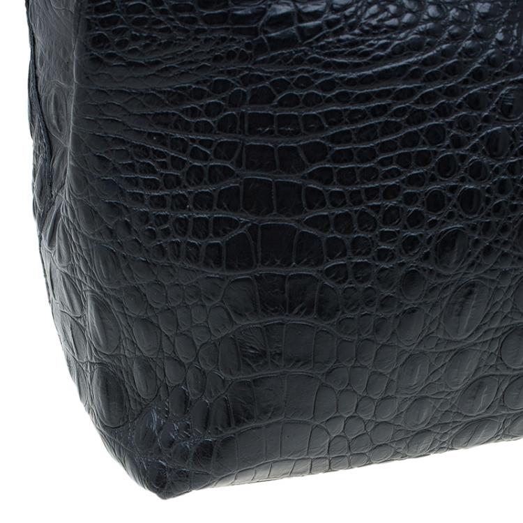 Pre Owned Furla Black Croc Embossed Leather Onyx Tote