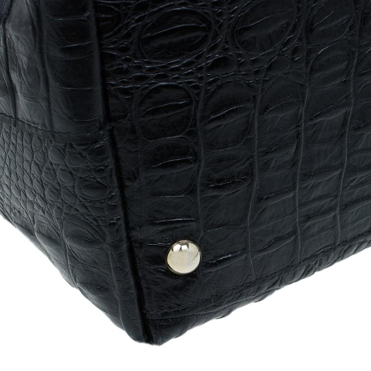 Pre Owned Furla Black Croc Embossed Leather Onyx Tote