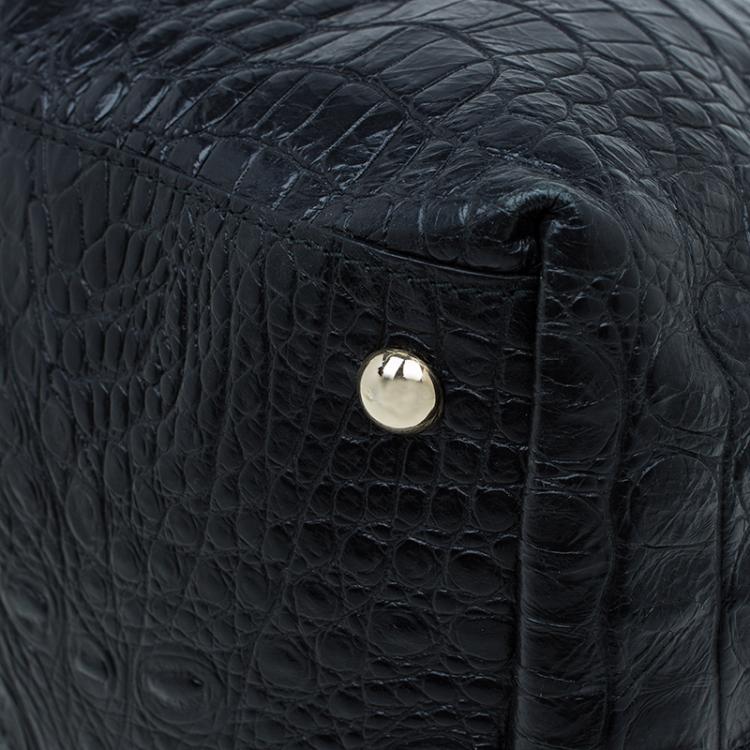 Pre Owned Furla Black Croc Embossed Leather Onyx Tote