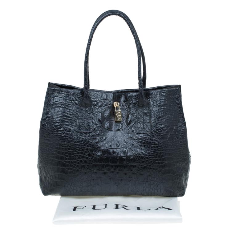 Pre Owned Furla Black Croc Embossed Leather Onyx Tote