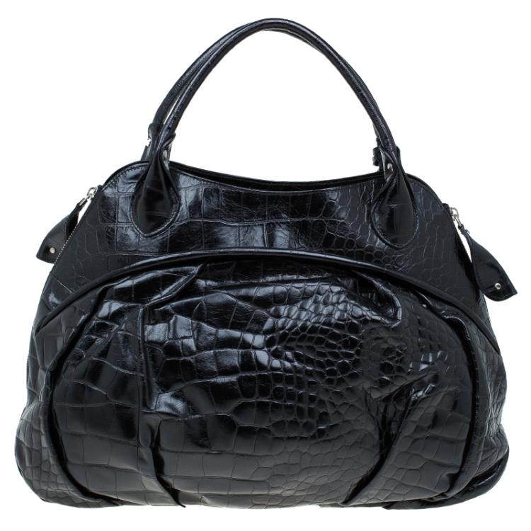 Pre Owned Furla Black Croc Embossed Leather Clara Satchel