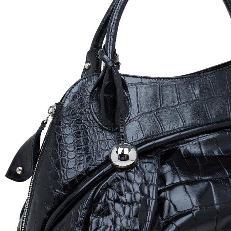 Pre Owned Furla Black Croc Embossed Leather Clara Satchel