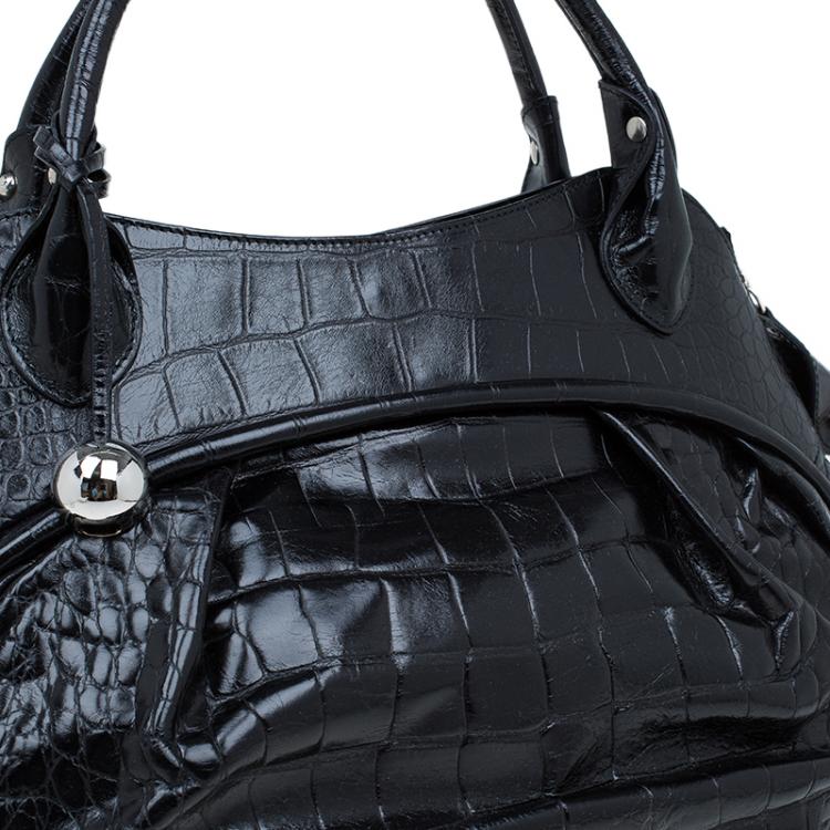 Pre Owned Furla Black Croc Embossed Leather Clara Satchel