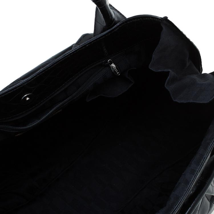 Pre Owned Furla Black Croc Embossed Leather Clara Satchel