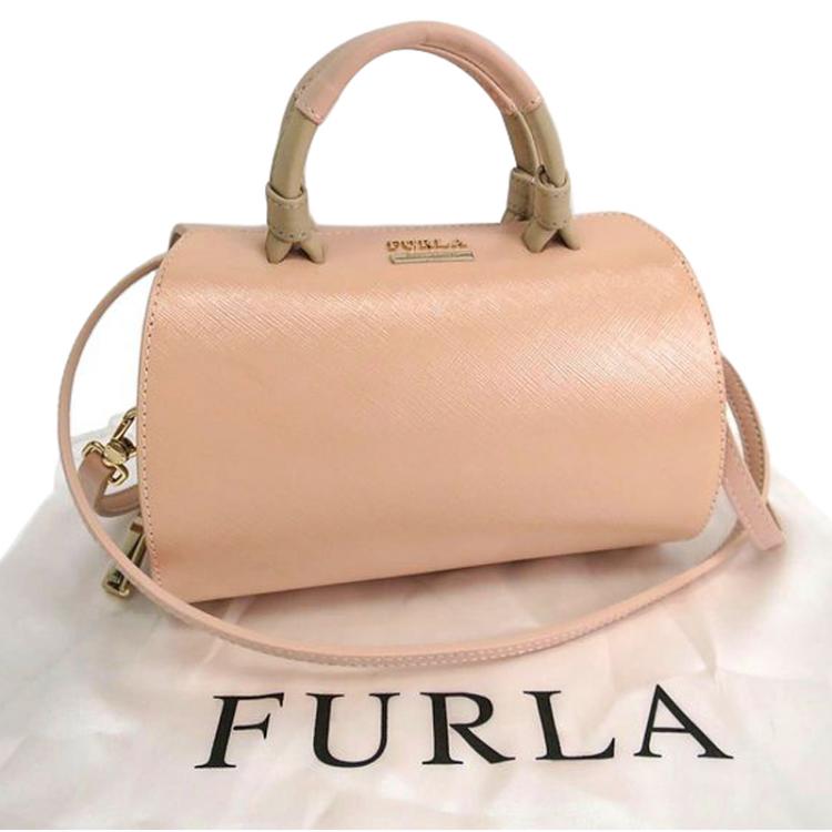 Pre Owned Furla Light Pink/Beige Coated Textured Leather Venus Satchel