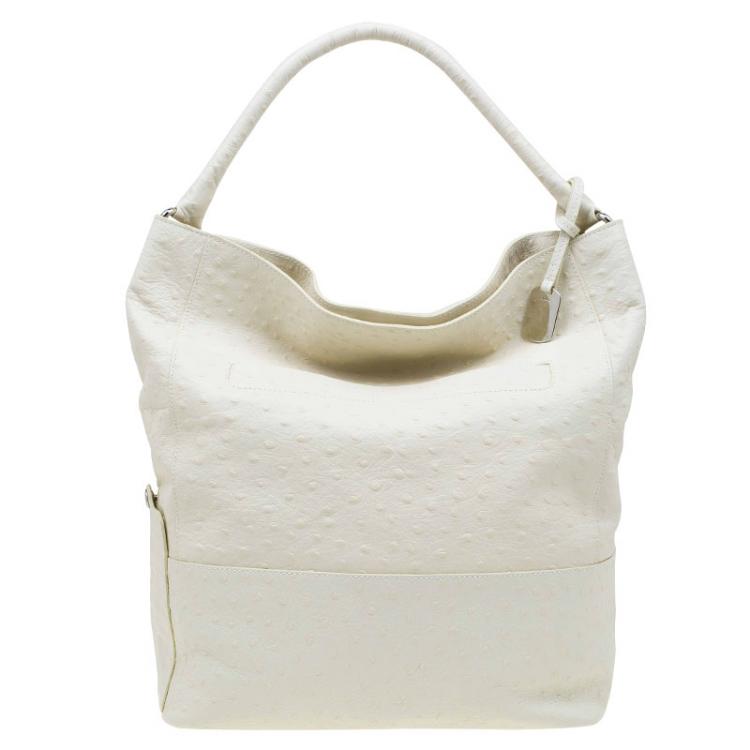 Pre Owned Furla Cream Ostrich Embossed Leather Laila Snap Hobo