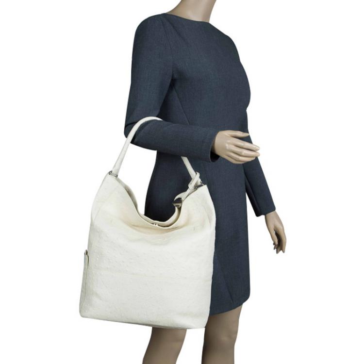 Pre Owned Furla Cream Ostrich Embossed Leather Laila Snap Hobo