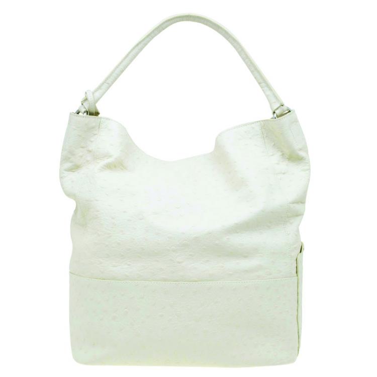 Pre Owned Furla Cream Ostrich Embossed Leather Laila Snap Hobo