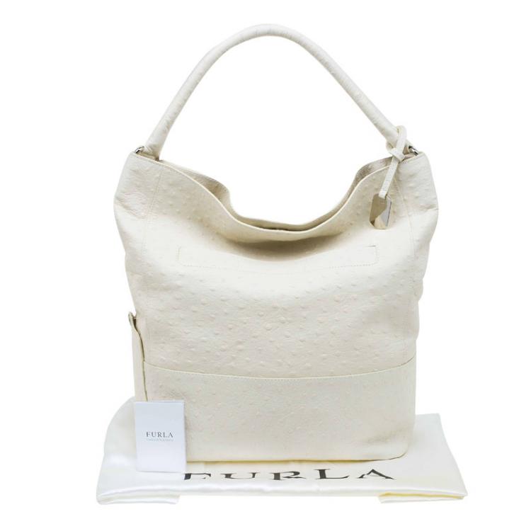 Pre Owned Furla Cream Ostrich Embossed Leather Laila Snap Hobo