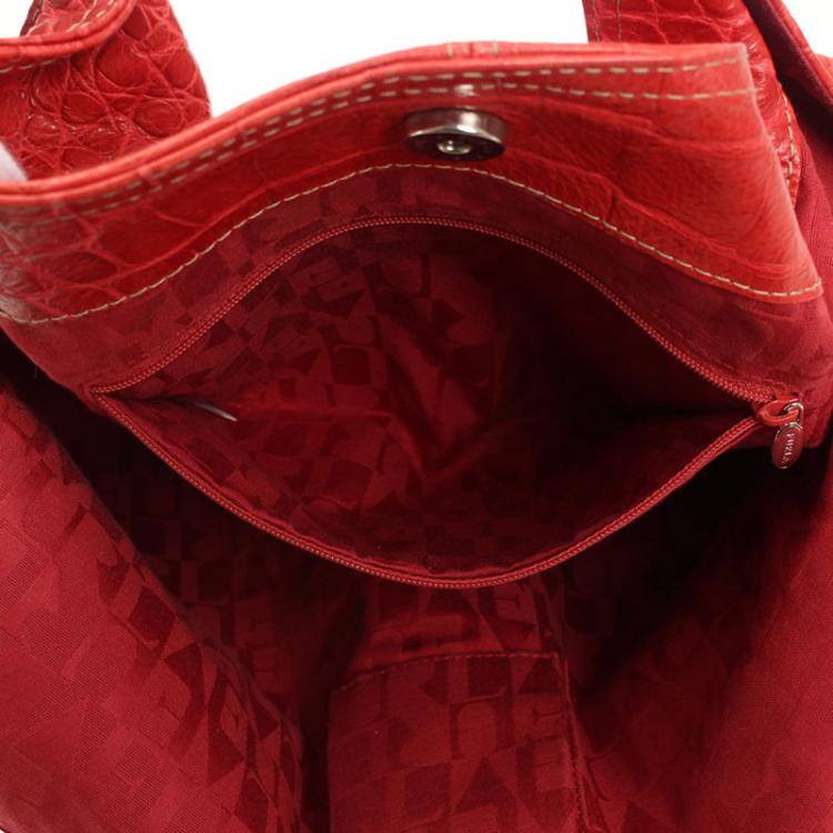 Pre Owned Furla Red Croc Embossed Leather Shoulder Bag