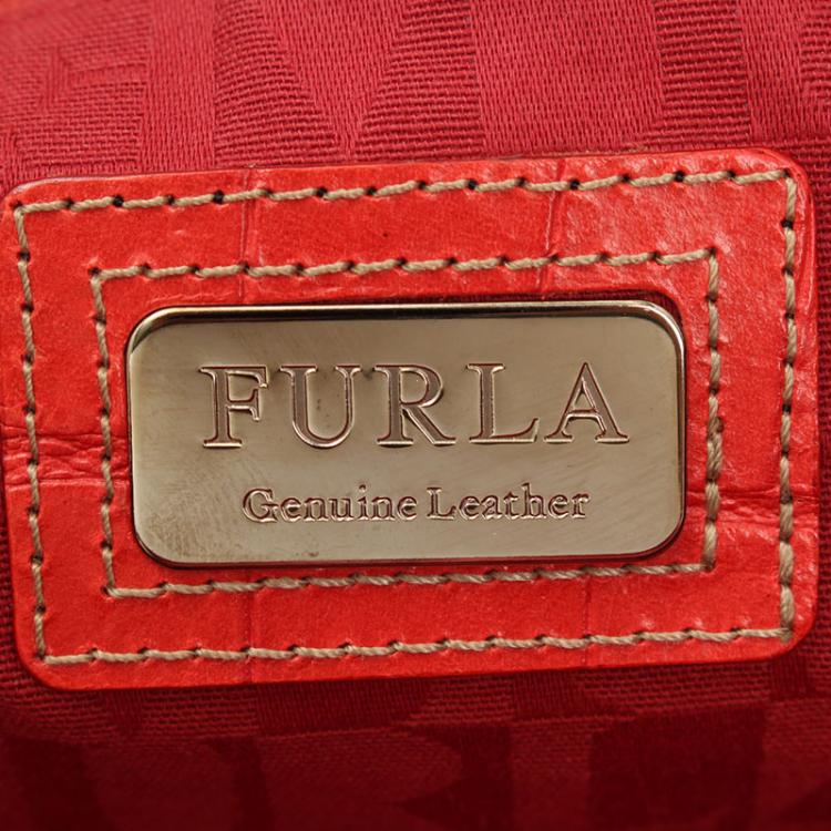 Pre Owned Furla Red Croc Embossed Leather Shoulder Bag